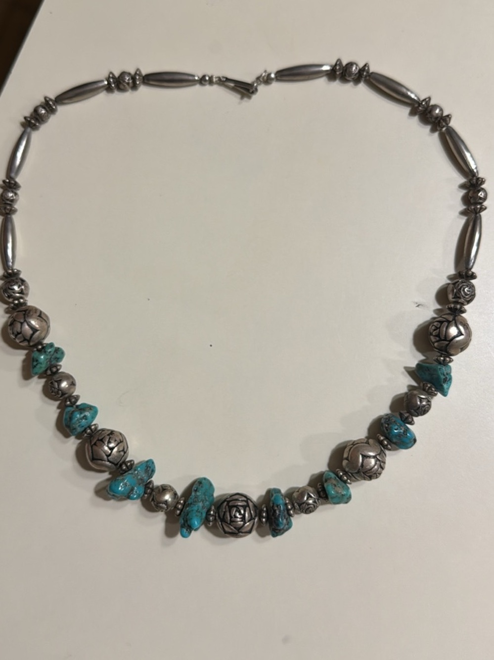 Turquoise Stone and Silver Bead Necklace - Women Jewelry 19 1/2 inches long